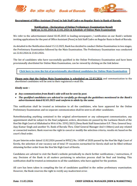 Bank of Baroda Office Assistant Peon Result 2026