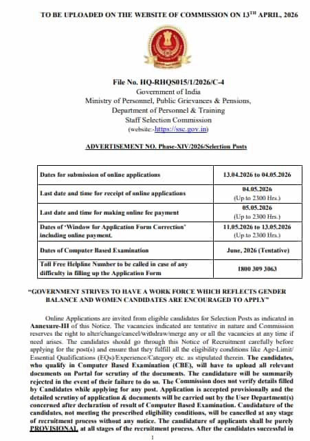 SSC Selection Post Phase 14 Vacancy 2026: Notification Details
