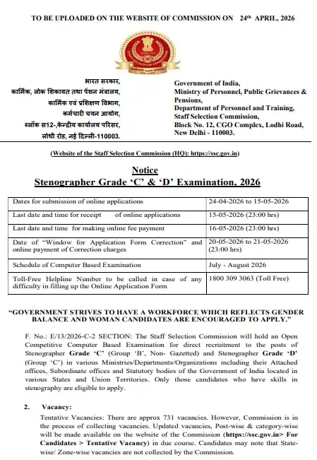 SSC Stenographer Recruitment 2026